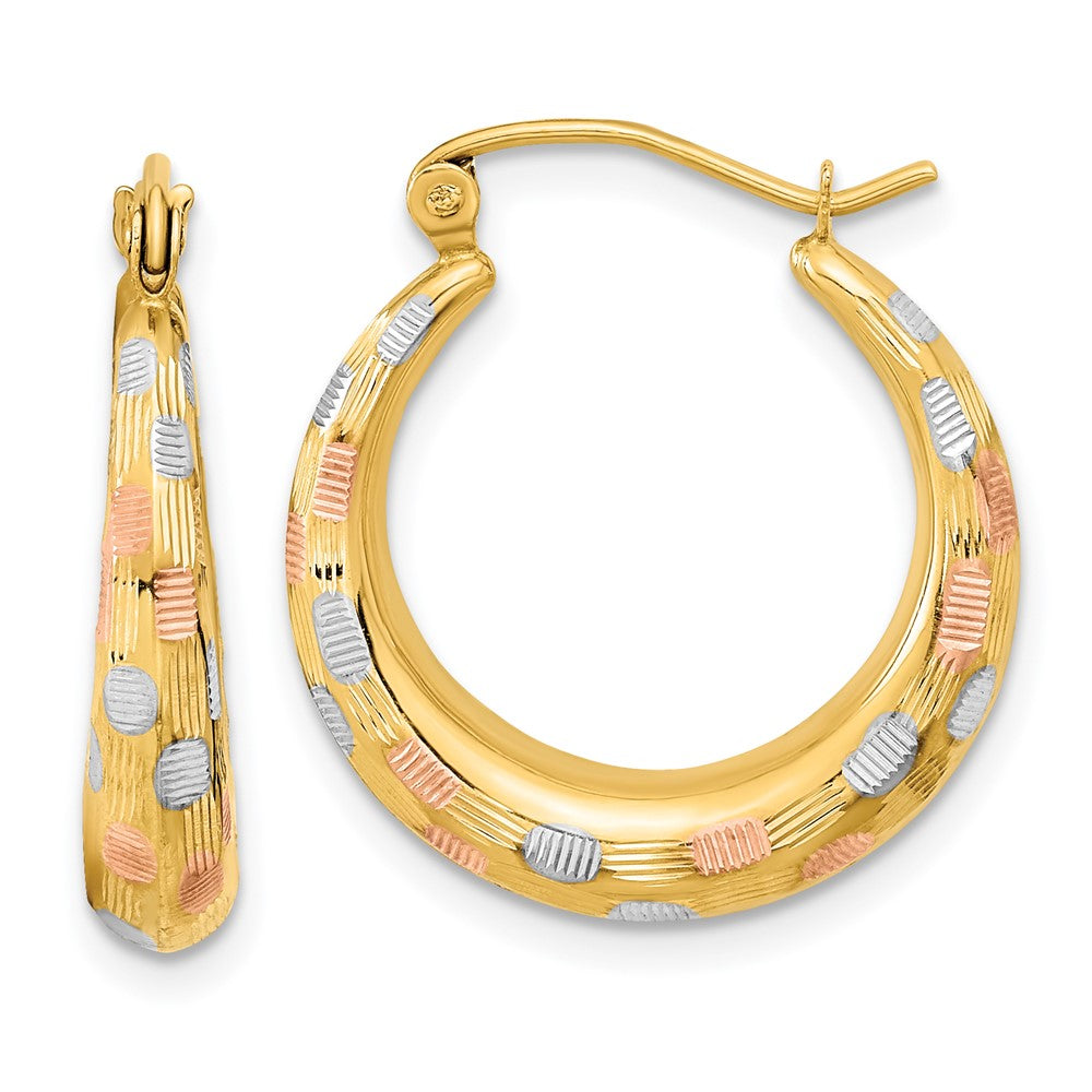 14k White and Rose Rhodium Polished Satin Diamond-cut Hoop Earrings, 22.63 x 20.55 mm