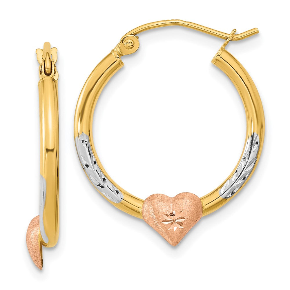 14k Two-tone with White Rhodium D/C Heart Hoop Earrings, 23.5 x 3.5 mm