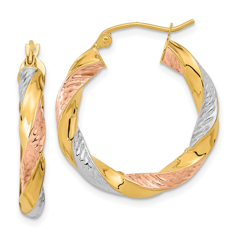 14k w/ White/Rose RH Polished & D/C Twist Hoop Earrings, 26.4 x 24.8 mm