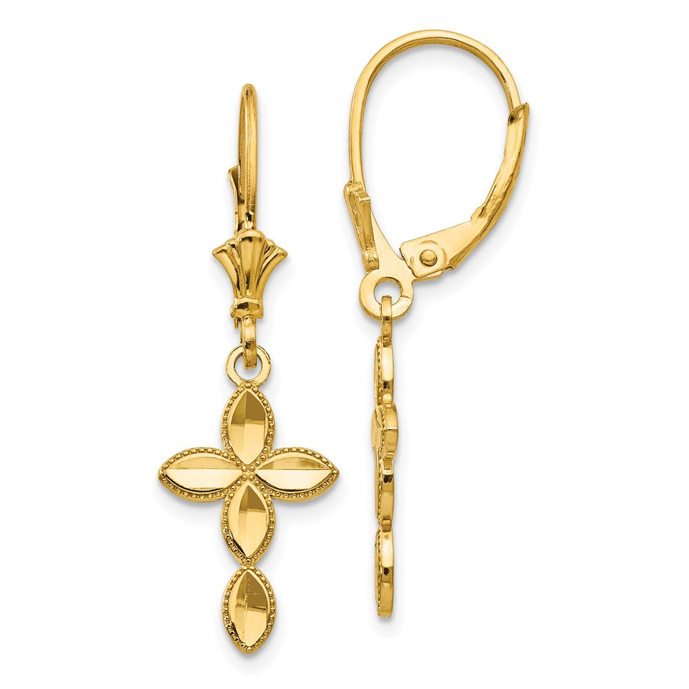 14k Diamond-cut Fancy Cross Dangle Leverback Earrings, 34 x 10.57 mm
