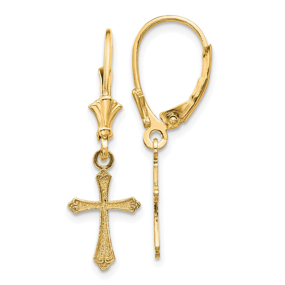 14k Cross Dangle Leverback Earrings, 29.62 x 9 mm