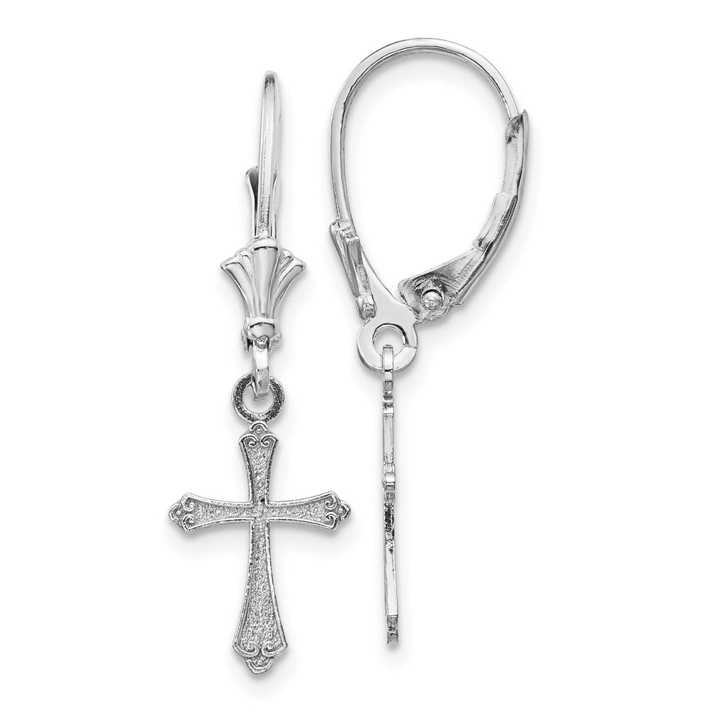 14k White Gold Cross Dangle Leverback Earrings, 29.65 x 8.95 mm