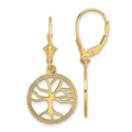 14K Tree of Life In Round Frame Dangle Leverback Earrings, 32.5 x 15 mm