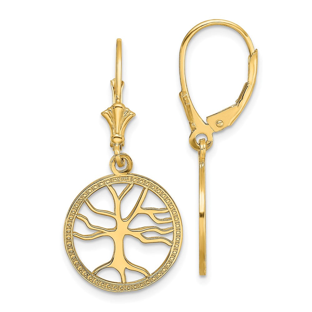 14K Tree of Life In Round Frame Dangle Leverback Earrings, 32.5 x 15 mm