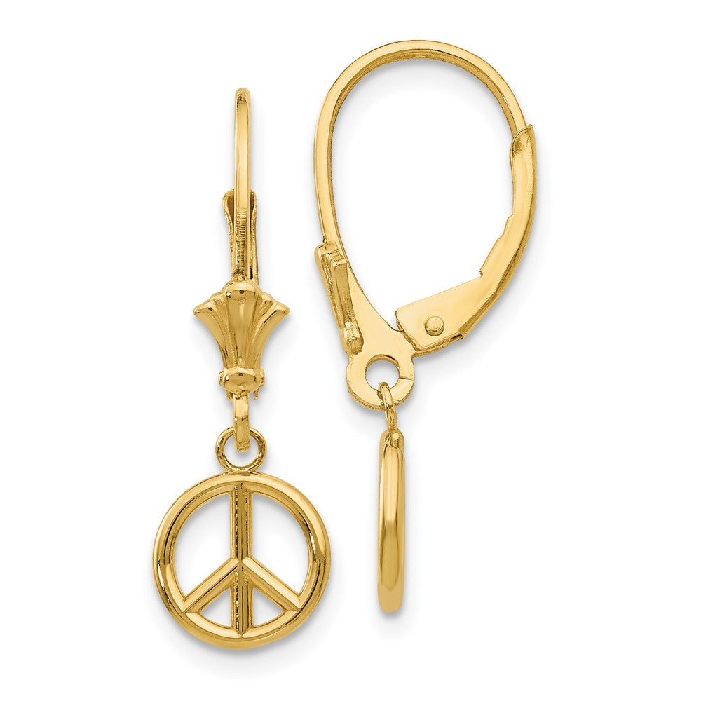 14K 3-D Peace Symbol Leverback Earrings, 25.5 x 8.15 mm