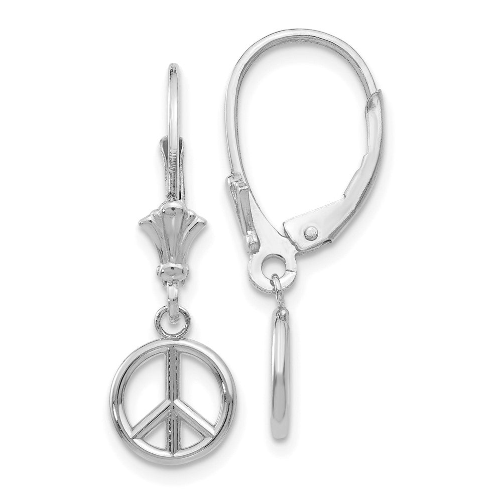 14K White Gold 3-D Peace Symbol Leverback Earrings, 25.5 x 8.15 mm
