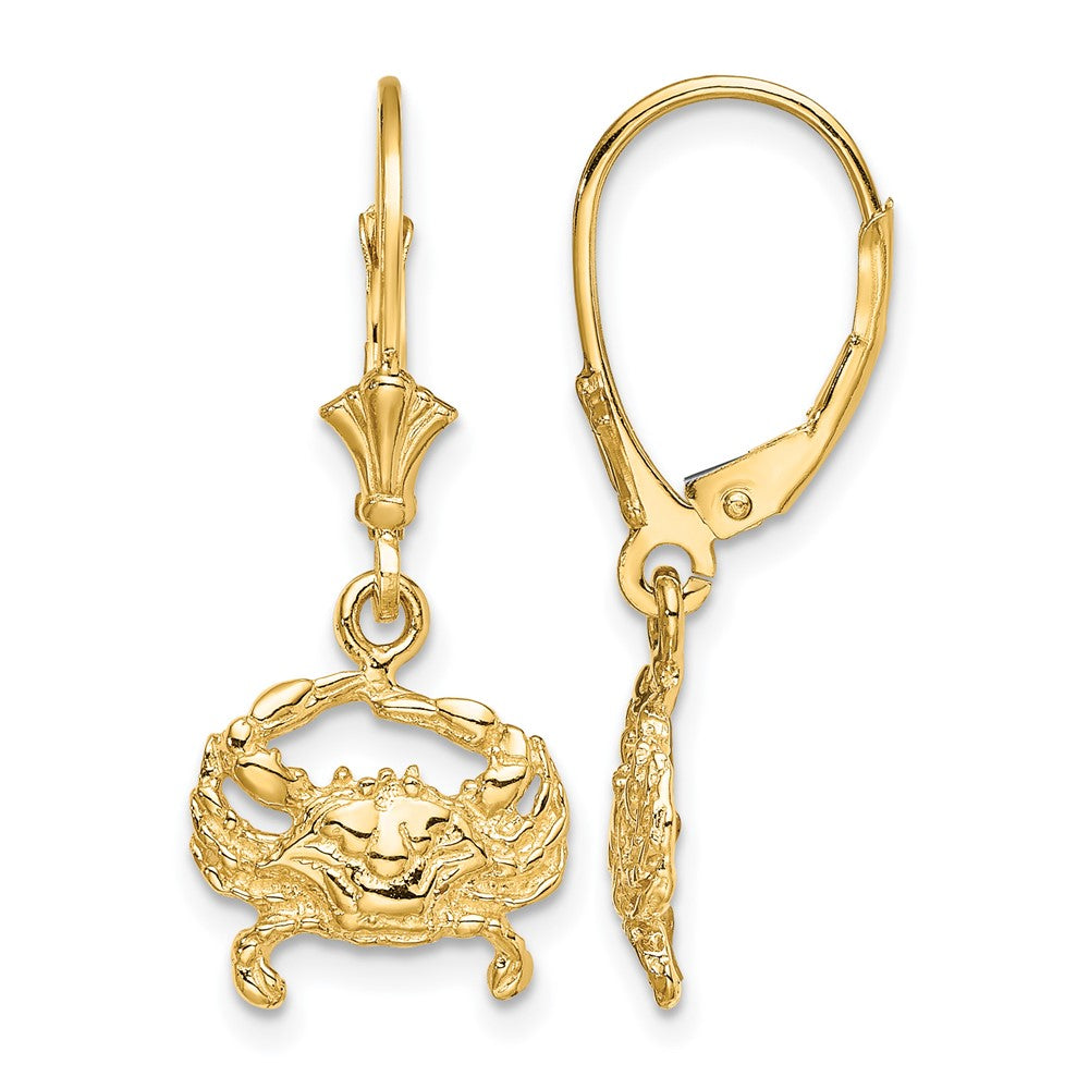 14K 2-D Blue Crab Dangle Leverback Earrings, 28 x 11.5 mm