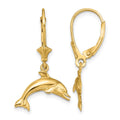 14K Jumping Dolphin Dangle Leverback Earrings, 28 x 16.2 mm