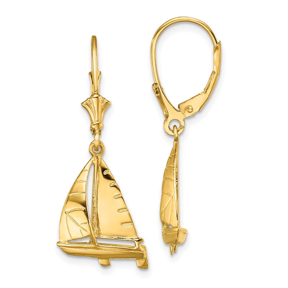 14K 3-D Sailboat Dangle Leverback Earrings, 33.55 mm