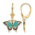 14K with Aqua and Black Enameled Wings Butterfly Dangle Leverback Earrings, 26.45 x 17.2 mm
