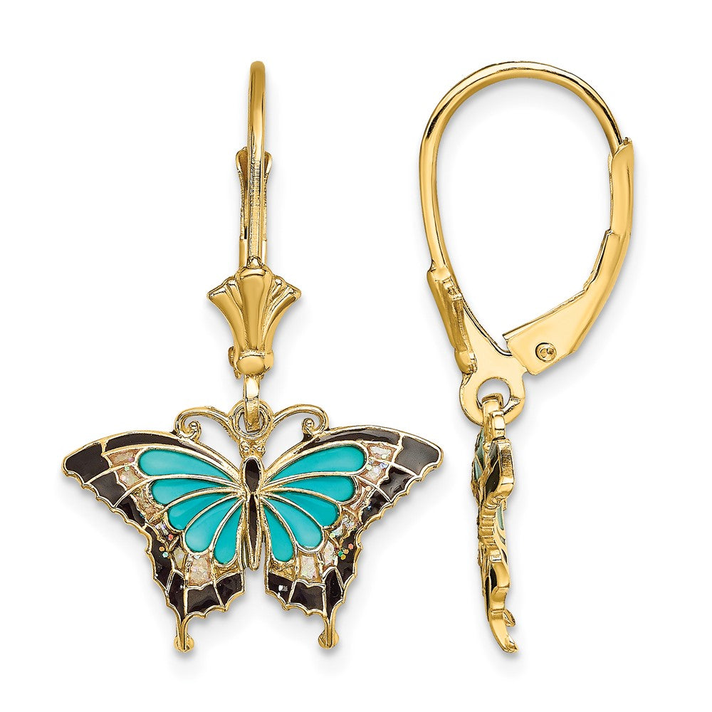 14K with Aqua and Black Enameled Wings Butterfly Dangle Leverback Earrings, 26.45 x 17.2 mm