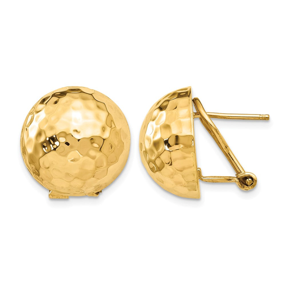 14k 16mm Hammered Half Ball Omega Back Post Earrings, 16 x 16 mm