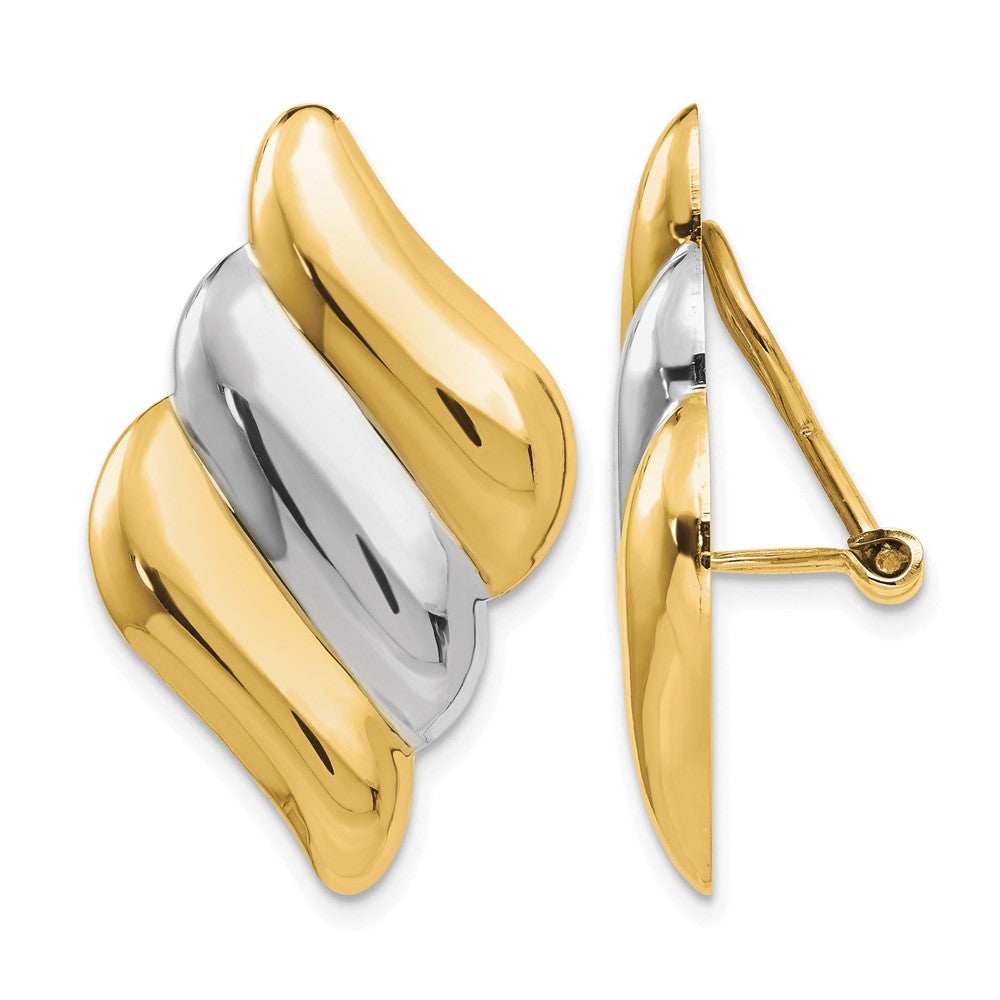 14k and White Rhodium Diagonal Ribbed Omega Back Non-pierced Earrings, 29 x 18 mm