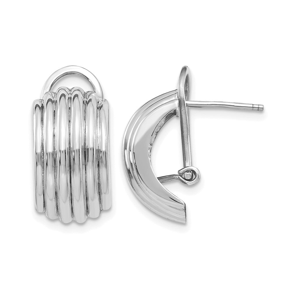 14k White Gold 9.5x16mm Polished Ribbed Half Hoop Omega Back Post Earrings, 20 x 9.5 mm