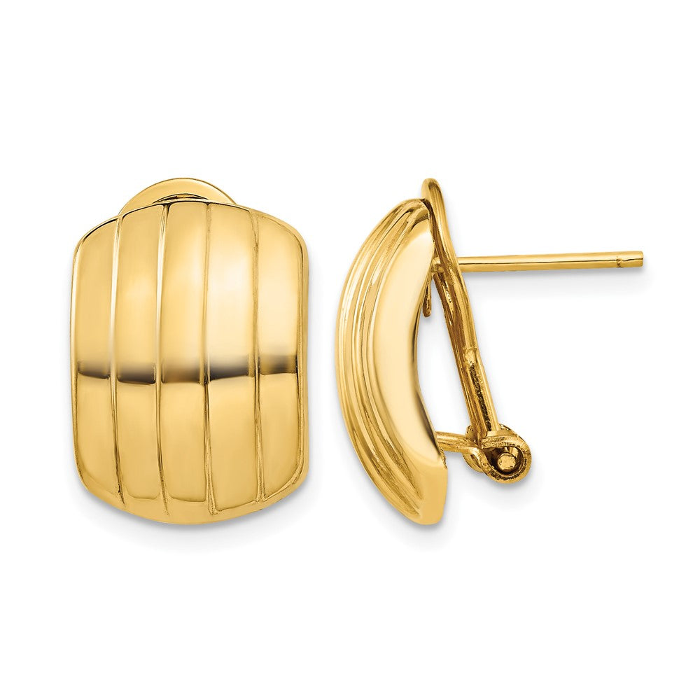 14k 12x17mm Polished Ribbed Omega Back Post Earrings, 17 x 12 mm