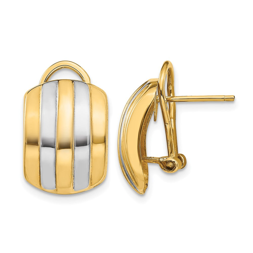 14k and White Rhodium 12x17mm Polished Ribbed Omega Back Post Earrings, 17 x 12 mm