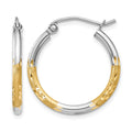 14k w/White Rhodium 2mm Satin and Polished Diamond-cut Hoop Earrings, 17 x 2 mm