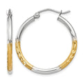 14k w/White Rhodium 2mm Satin and Polished Diamond-cut Hoop Earrings, 20 x 2 mm