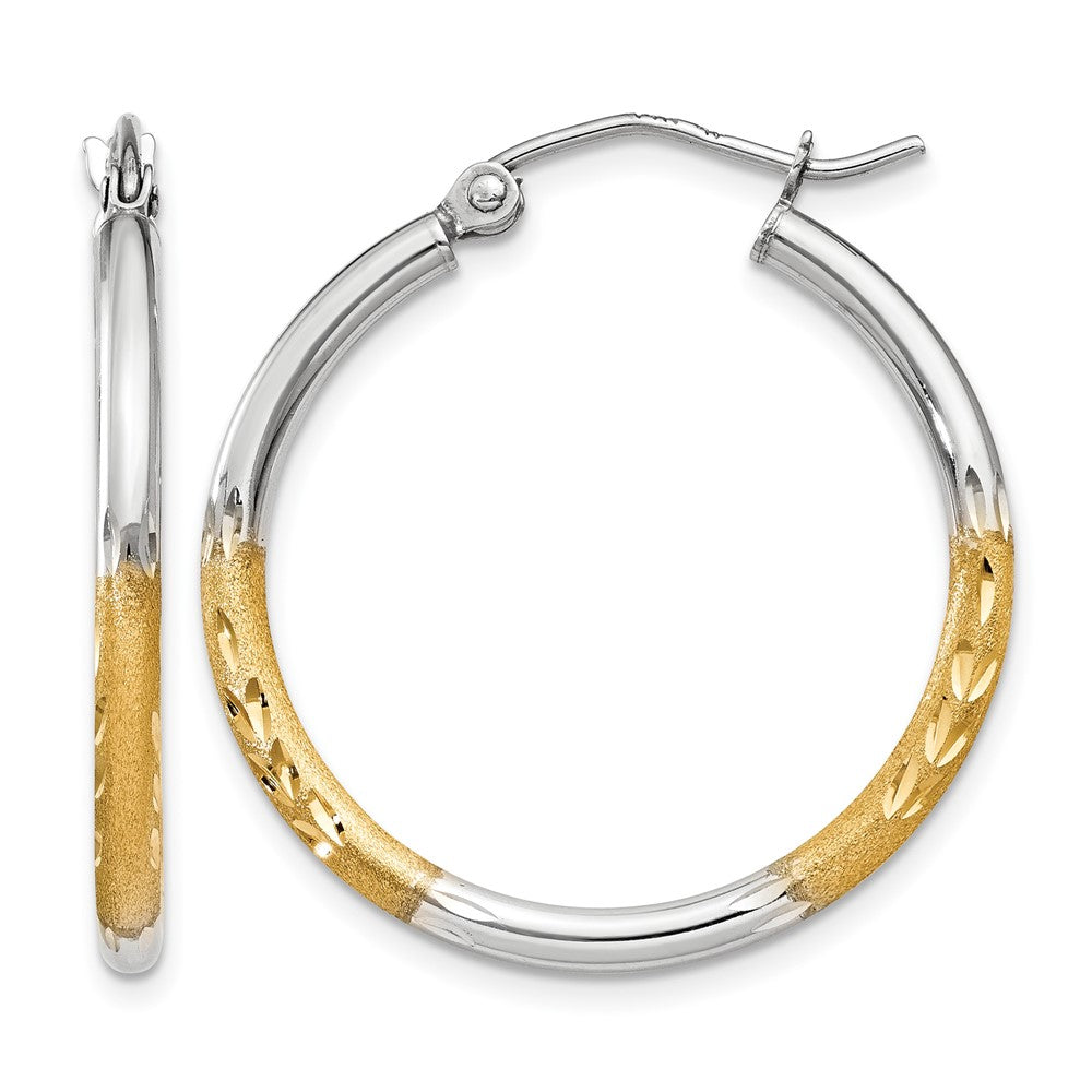 14k w/White Rhodium 2mm Satin and Polished Diamond-cut Hoop Earrings, 20 x 2 mm