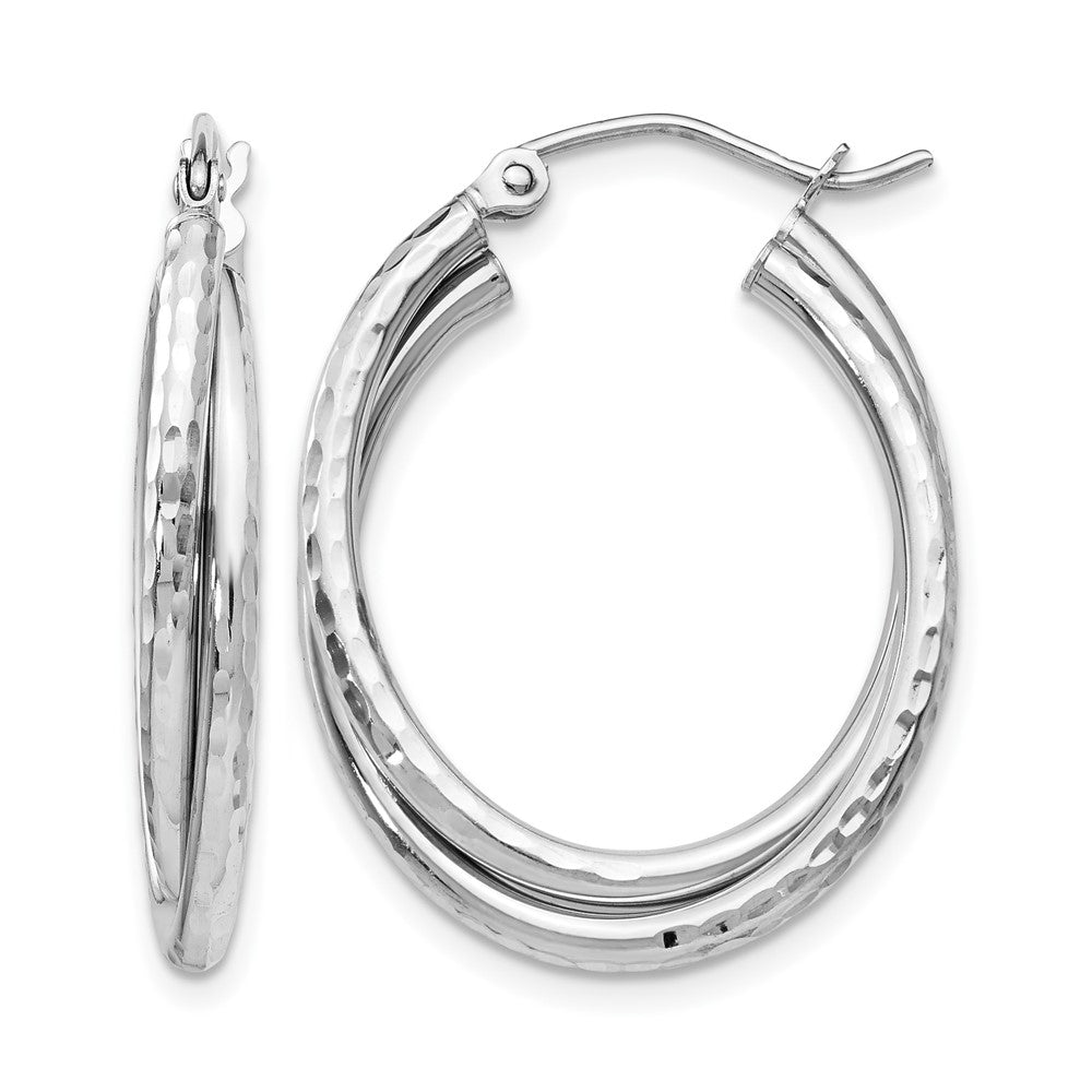 14k White Gold Diamond-cut Polished Oval Hoop Earring, 17 x 5 mm