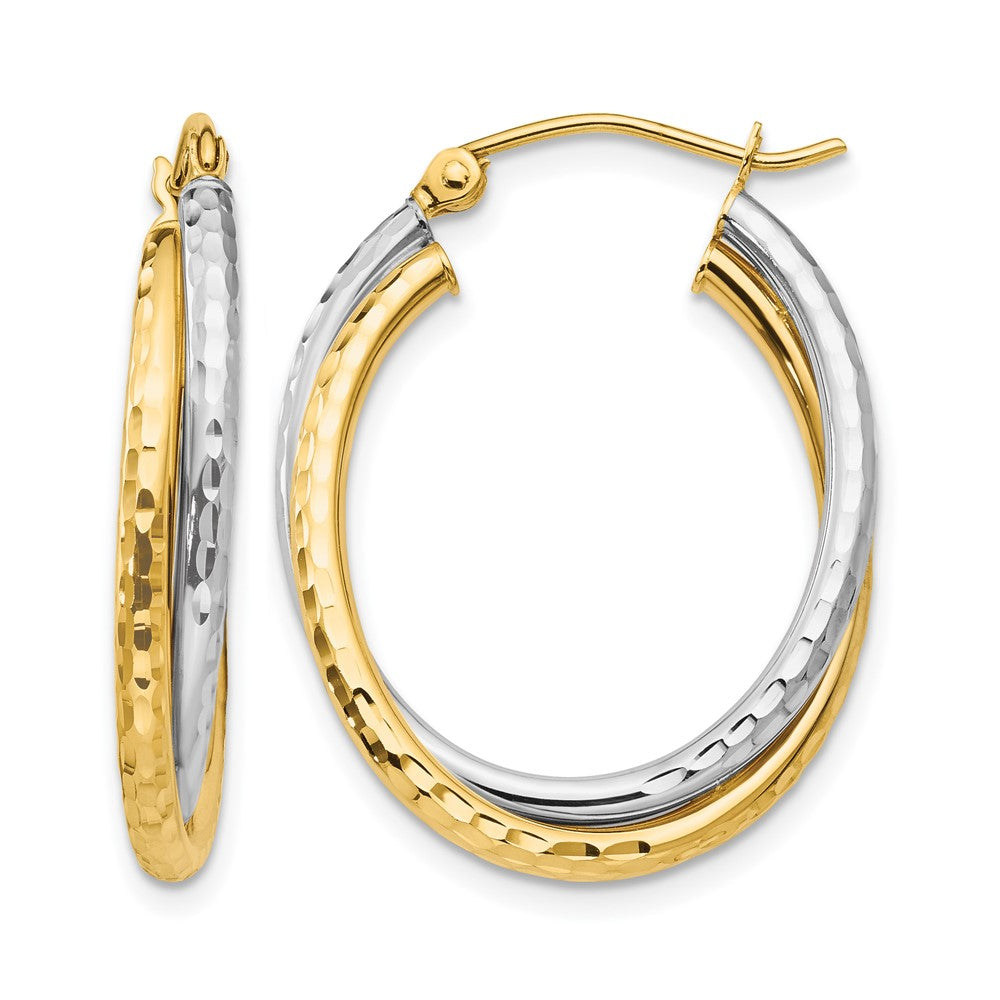 14k Two-tone Diamond-cut Polished Oval Hoop Earring, 27.5 x 4.25 mm