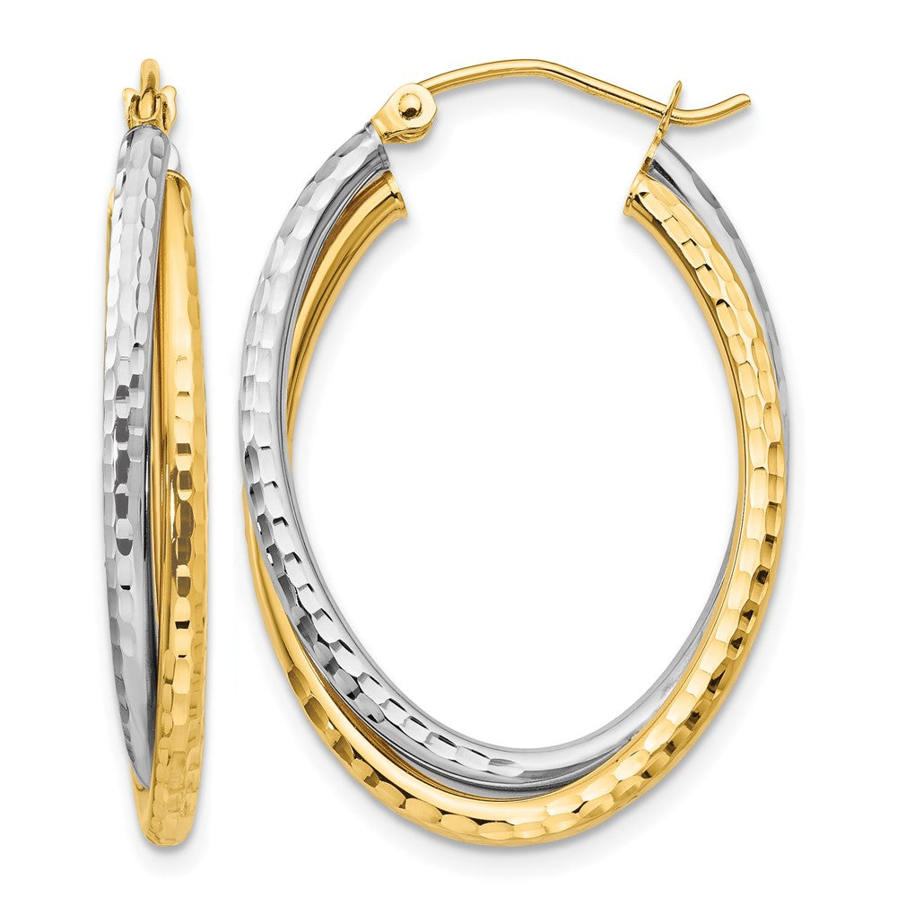14k Two-tone Diamond-cut Polished Oval Hoop Earring, 32 x 4.25 mm