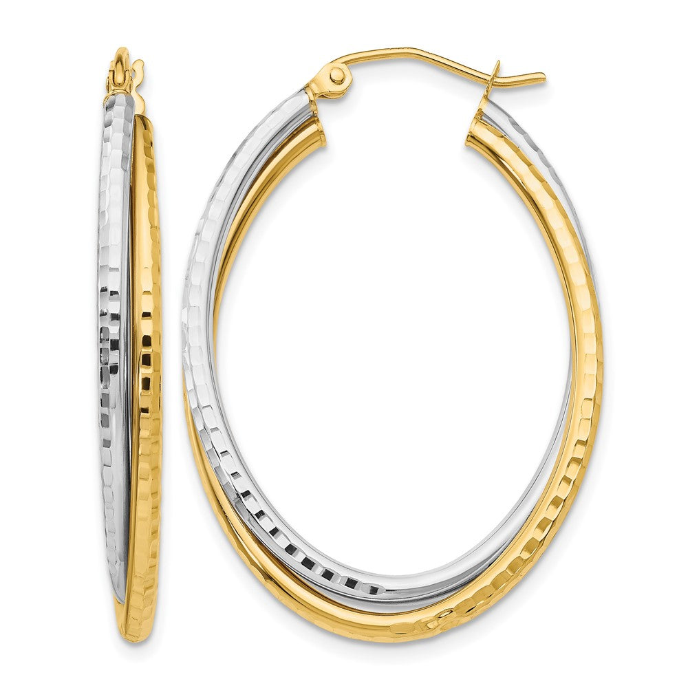 14k Two-tone Diamond-cut Polished Oval Hoop Earring, 38 x 4.25 mm