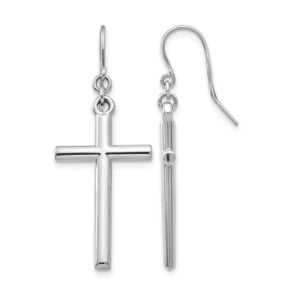 14k White Gold Hollow Polished Cross Dangle French Hook Earrings, 43 x 15 mm