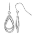 14K White Gold Polished and Textured Teardrop Dangle French Hook Earrings, 37 x 13 mm
