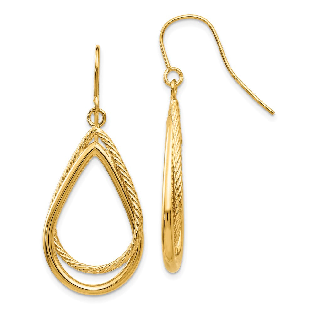 14K Polished and Textured Teardrop Dangle French Hook Earrings, 40 x 17 mm