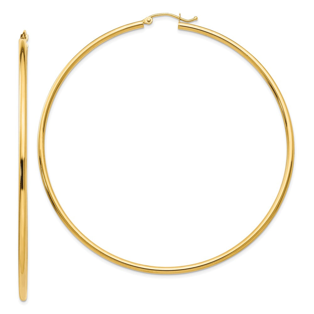 14k 2x70mm Polished Round Tube Hoop Earrings, 70 x 2 mm
