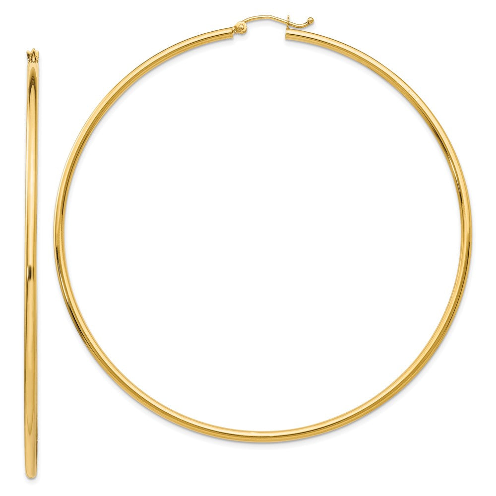 14k 2x75mm Polished Round Tube Hoop Earrings, 75 x 2 mm