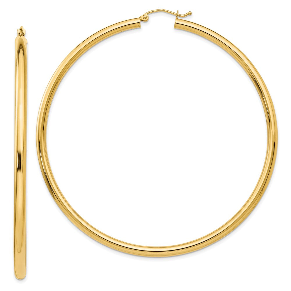 14k 3x70mm Polished Round Tube Hoop Earrings, 70 x 3 mm