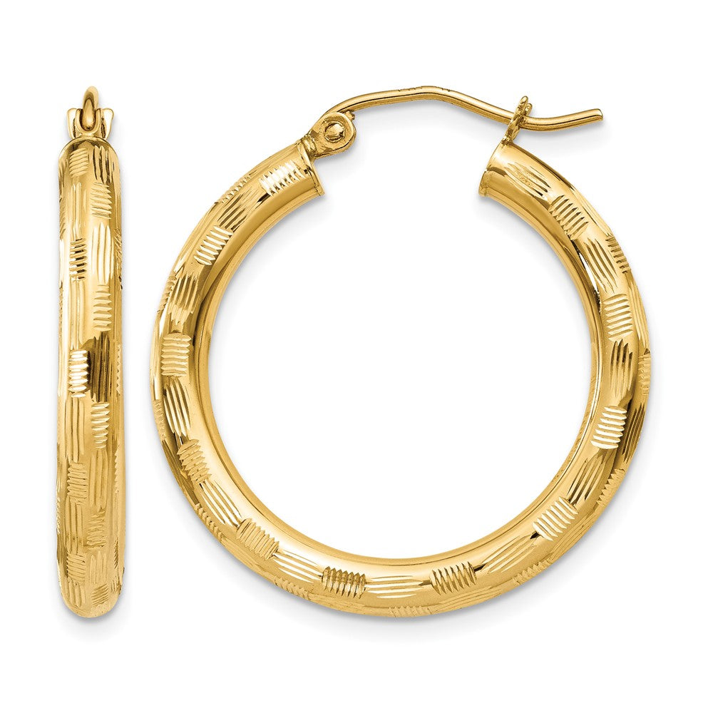 14k 3x25mm Diamond-cut Tube Hoop Earrings, 25 x 3 mm