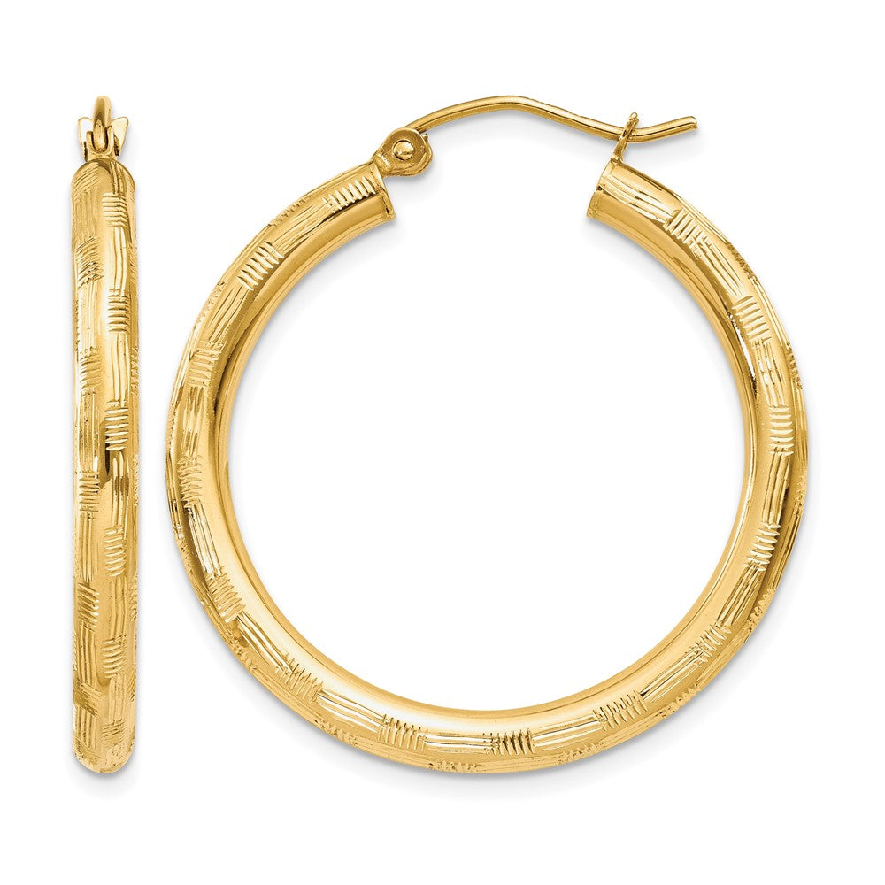 14k 3x30mm Diamond-cut Tube Hoop Earrings, 30 x 3 mm