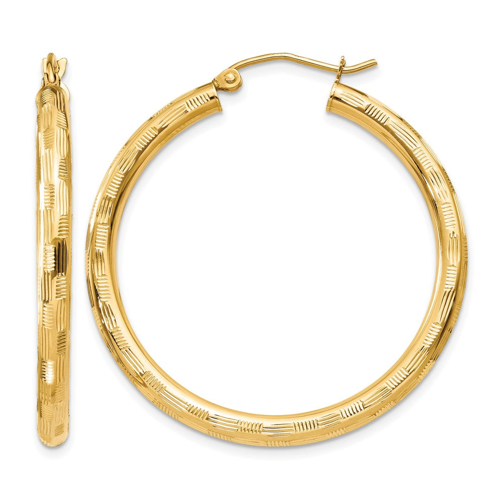 14k 3x35mm Diamond-cut Tube Hoop Earrings, 35 x 3 mm