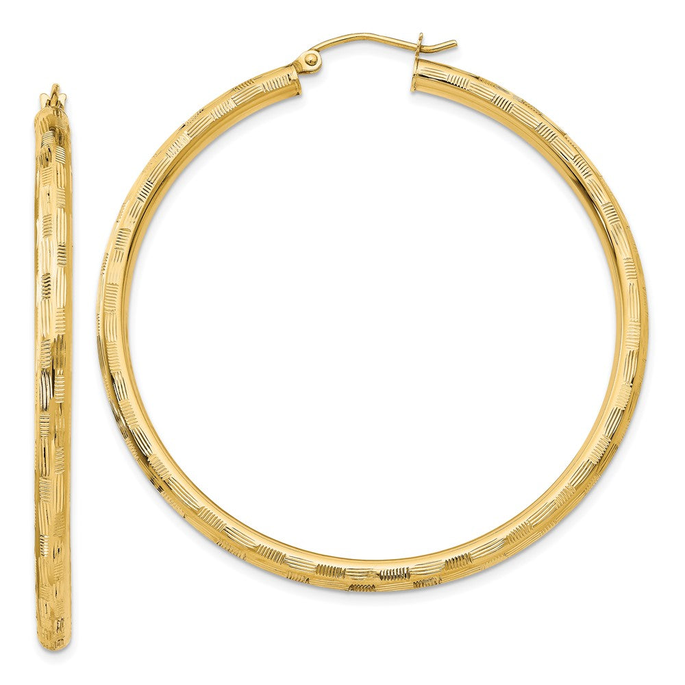 14k 3x50mm Diamond-cut Tube Hoop Earrings, 50 x 3 mm