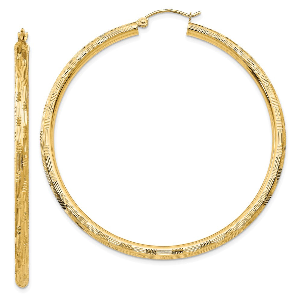 14k 3x55mm Diamond-cut Tube Hoop Earrings, 55 x 3 mm