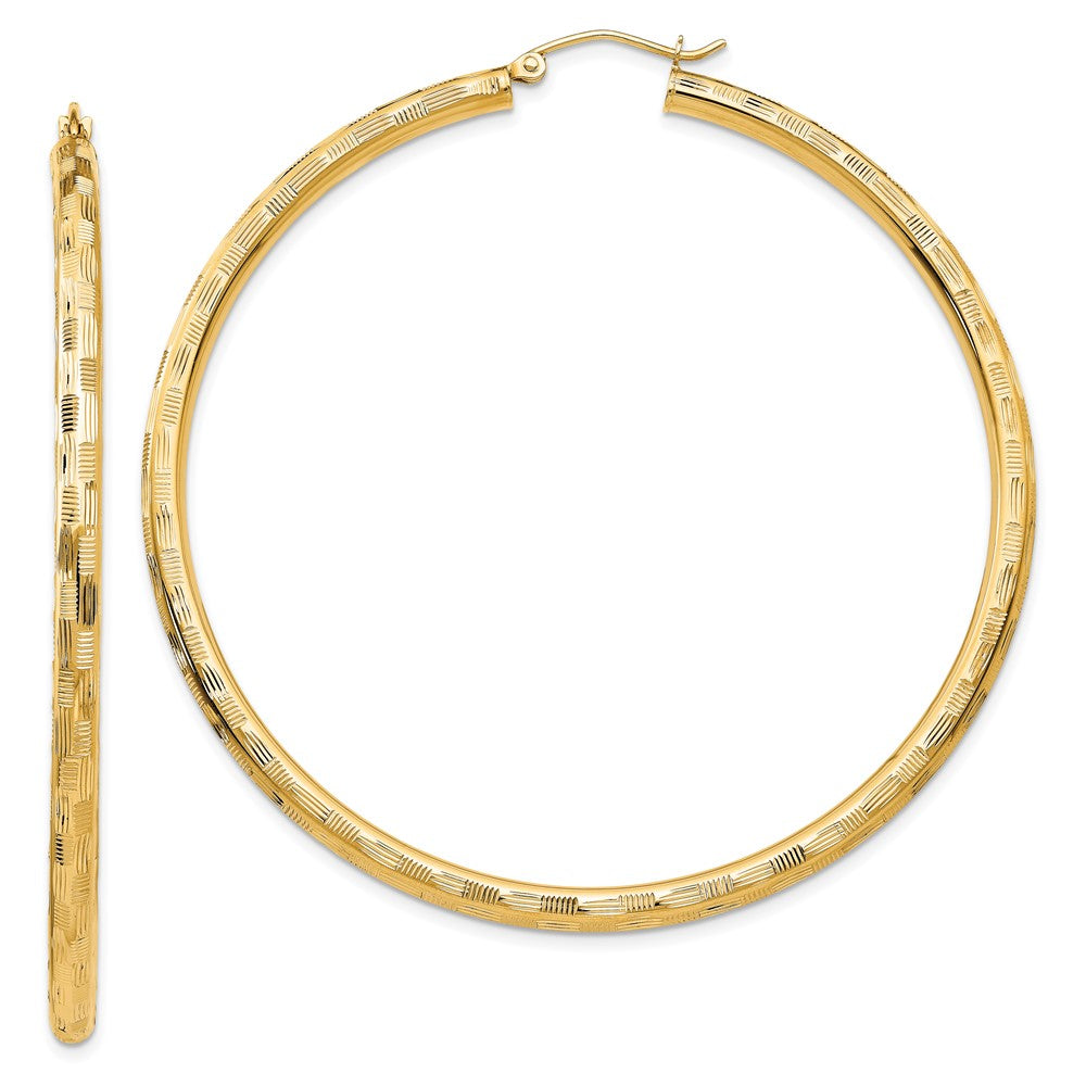 14k 3x60mm Diamond-cut Tube Hoop Earrings, 60 x 3 mm