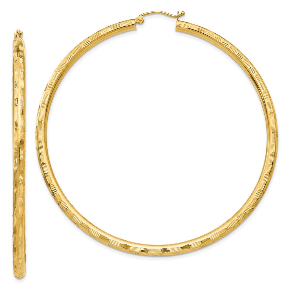 14k 3x65mm Diamond-cut Tube Hoop Earrings, 65 x 3 mm