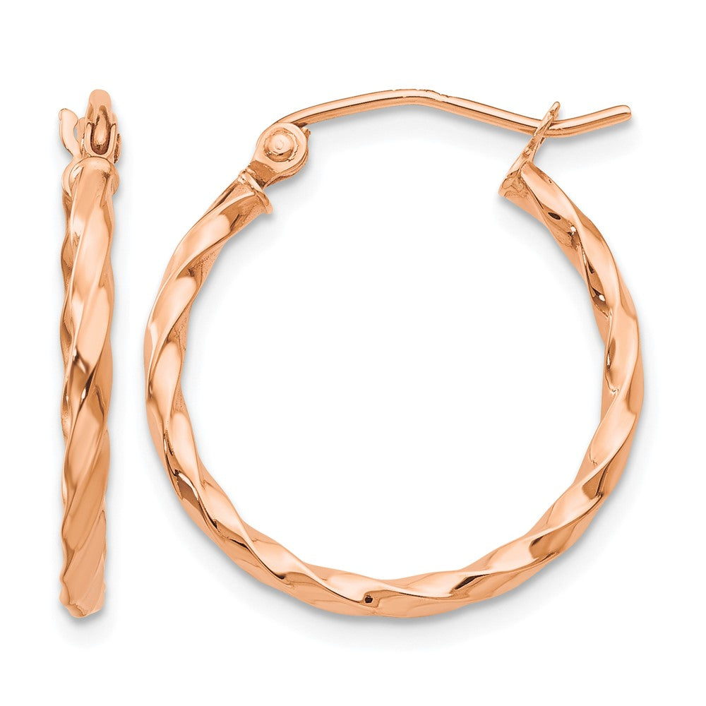14k Rose Gold Twisted Hoop Earrings, 15 x 2 mm