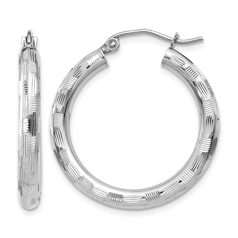 14k White Gold 3x20mm Diamond-cut Tube Hoop Earrings, 20 x 3 mm