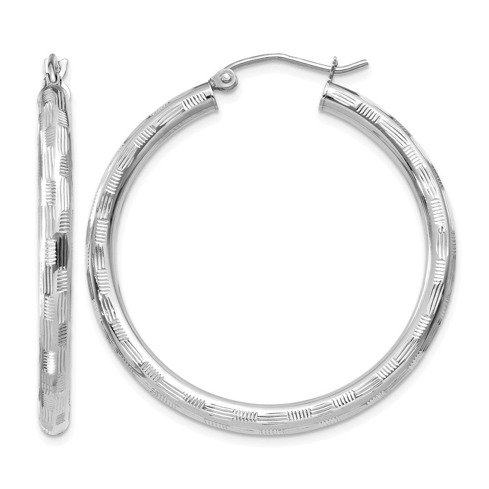 14k White Gold 3x35mm Diamond-cut Tube Hoop Earrings, 35 x 3 mm