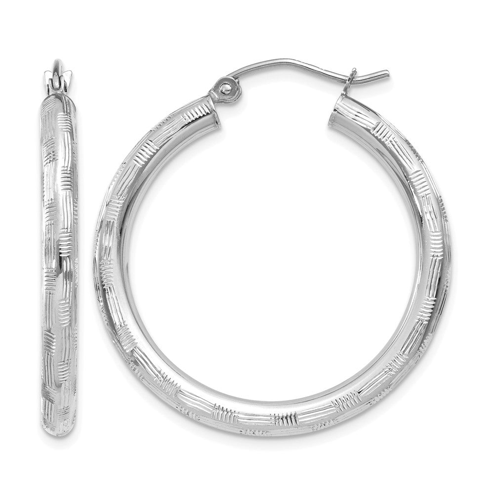 14k White Gold 3x30mm Diamond-cut Tube Hoop Earrings, 30 x 3 mm