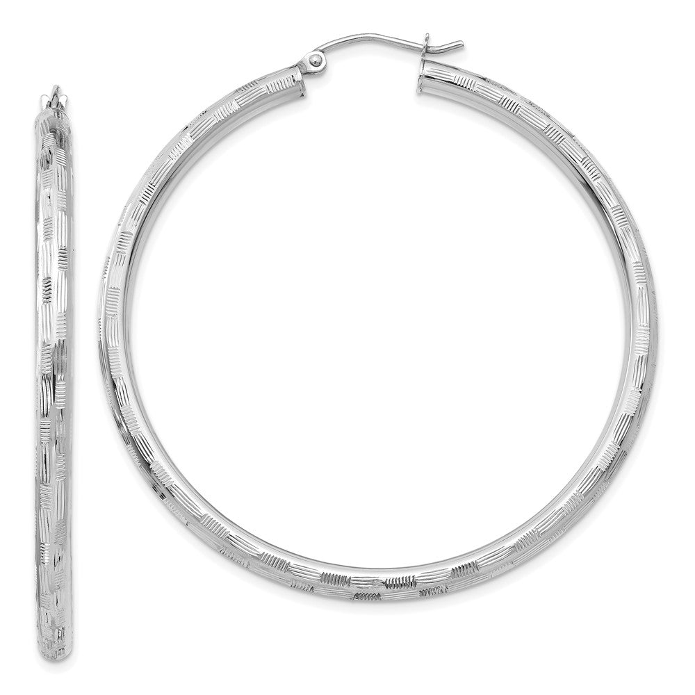 14k White Gold 3x50mm Diamond-cut Tube Hoop Earrings, 50 x 3 mm