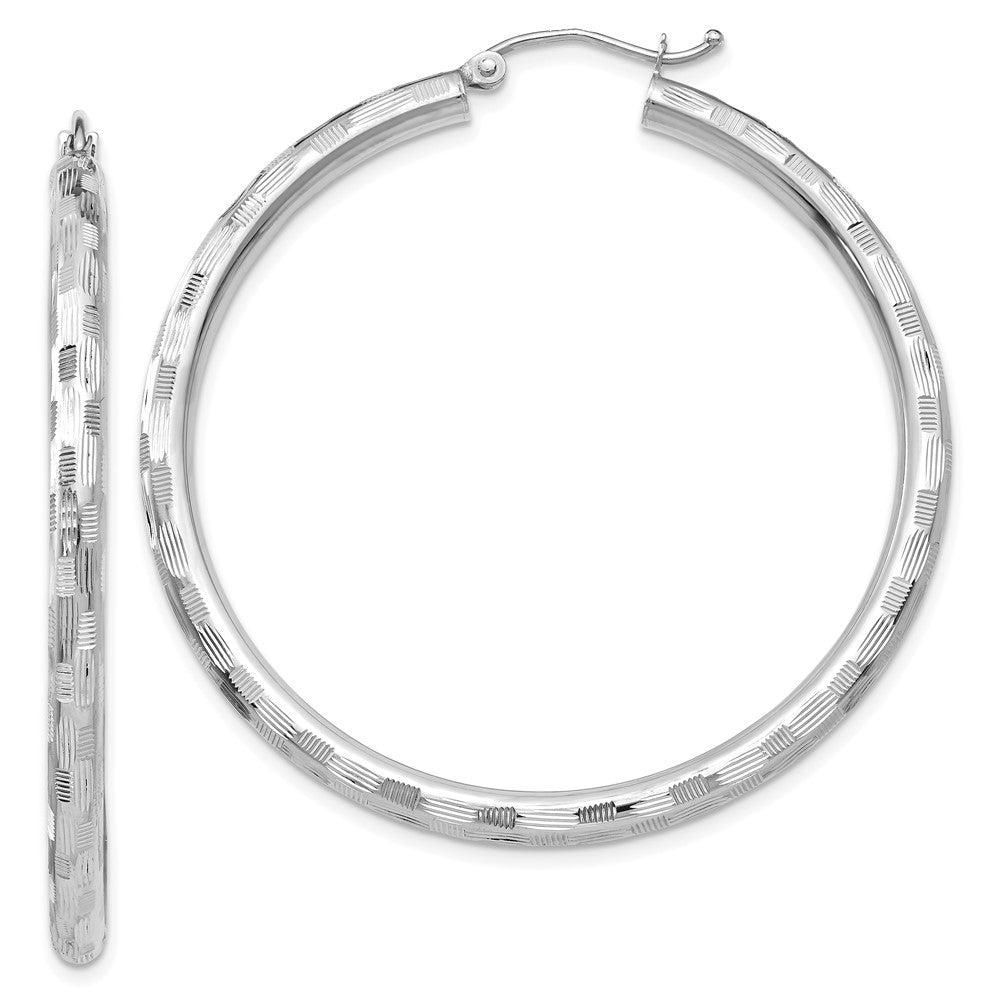 14k White Gold 3x45mm Diamond-cut Tube Hoop Earrings, 45 x 3 mm