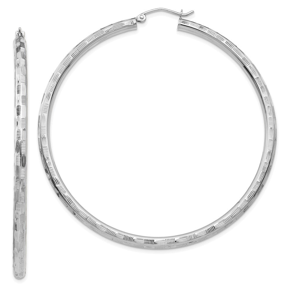 14k White Gold 3x60mm Diamond-cut Tube Hoop Earrings, 60 x 3 mm