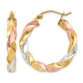 14k Tri-color Light Twisted Hoop Earrings, 29 x 4 mm