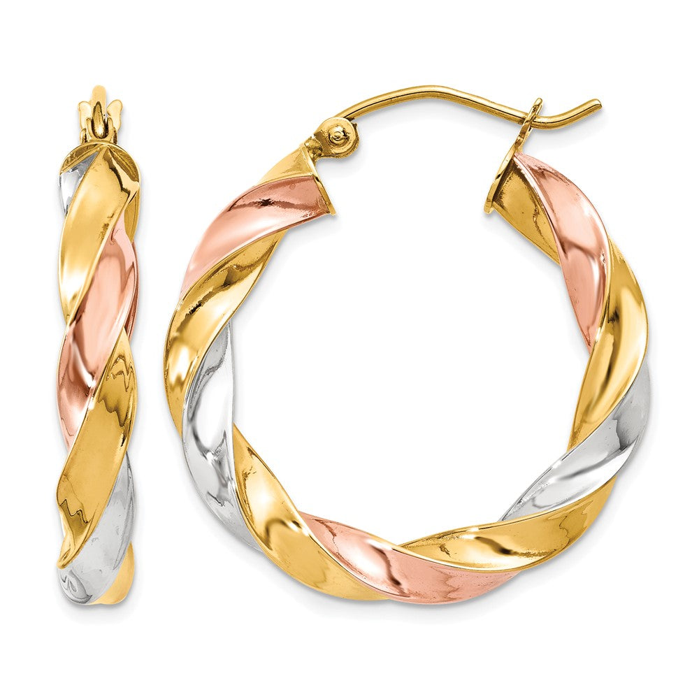14k Tri-color Light Twisted Hoop Earrings, 29 x 4 mm