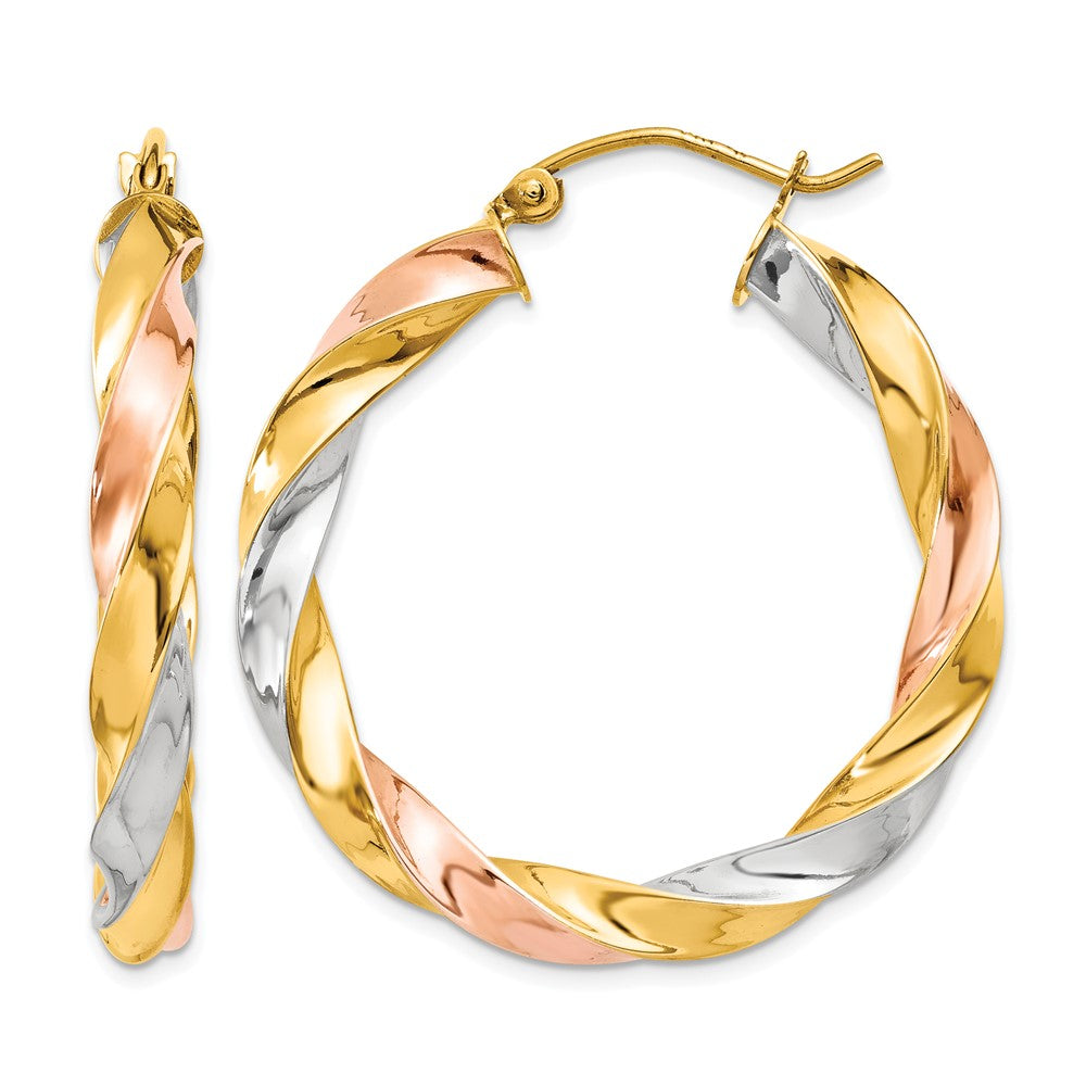 14k Tri-color Light Twisted Hoop Earrings, 33 x 4 mm